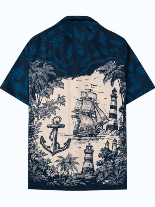 Men's Navy Coastal Nautical Print Shirt