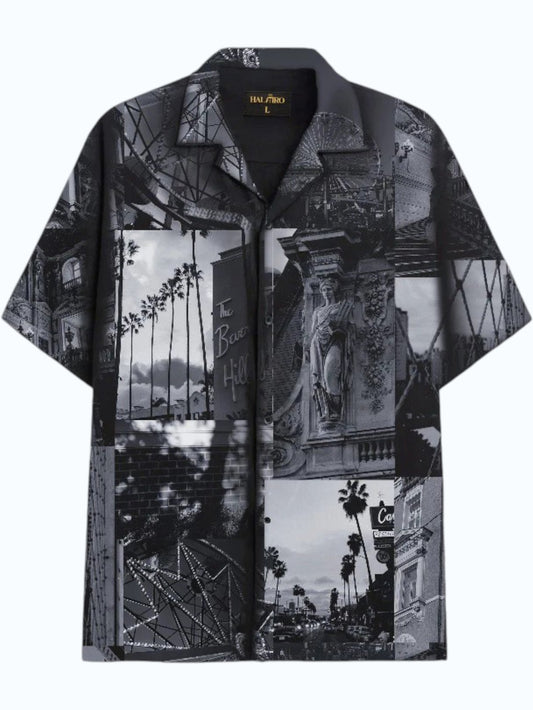 Men's Black Vintage City Collage Print Shirt