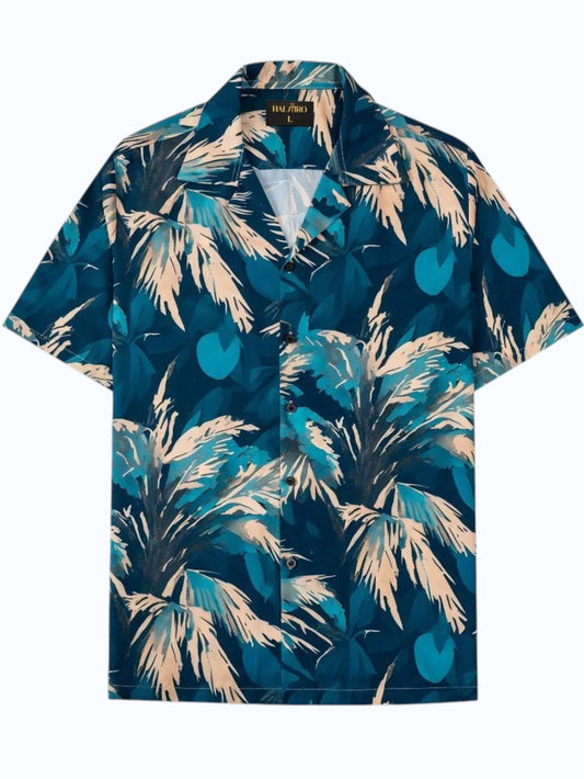 Men's Blue Tropical Palm Leaf Print Shirt