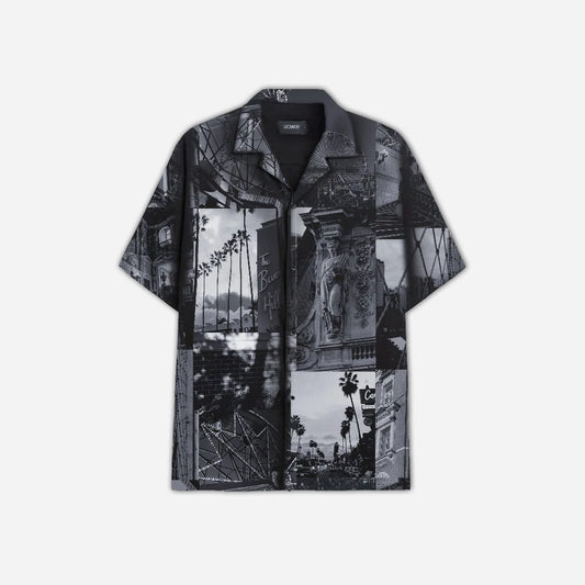 Men's Black Vintage City Collage Print Shirt