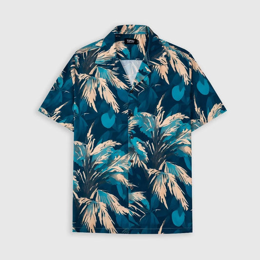 Men's Blue Tropical Palm Leaf Print Shirt