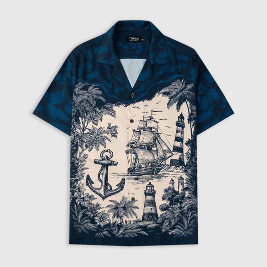 Men's Navy Coastal Nautical Print Shirt